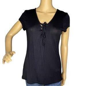 Polly & Esther Short Sleeve Lace Up Tie Neckline Top Black Size Large
